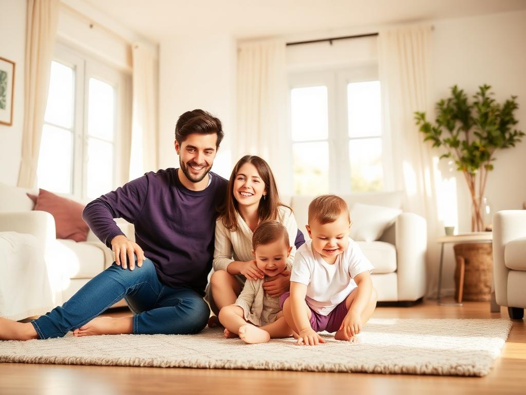 Parents playing with two young children in a bright living room