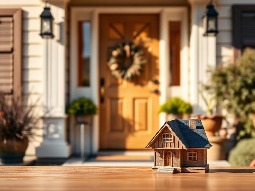 A model house on a table in front of a welcoming front door