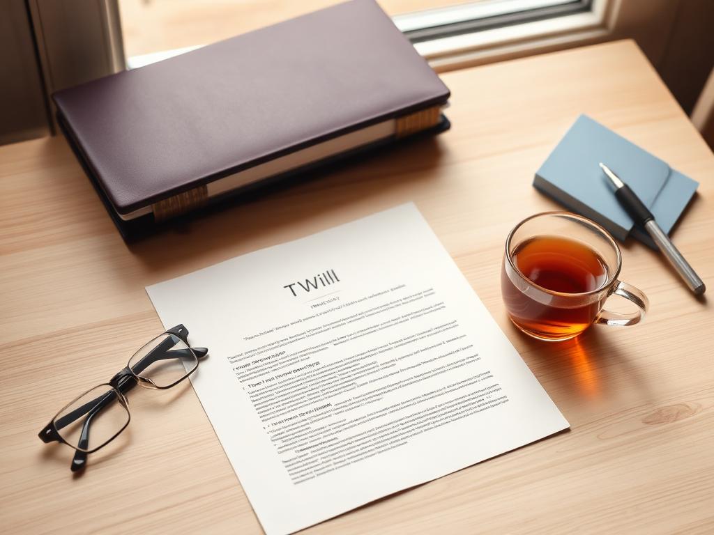 A will document, reading glasses and tea on a sunlit desk